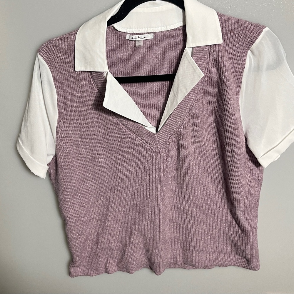 - Vila Milano Short Sleeve Layered Pullover Shirt Knit Top Lavender Purple…